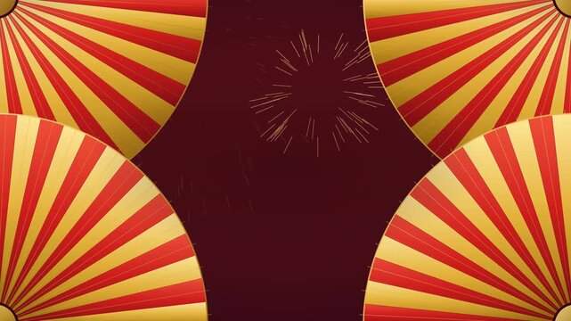 Unfolding Red and Gold Traditional Paper Fans Framing Screen with Looping Fireworks