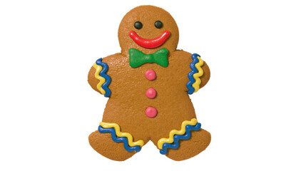 Fototapeta premium Gingerbread man cookie with red smile green bow tie and pink buttons, isolated on transparent background