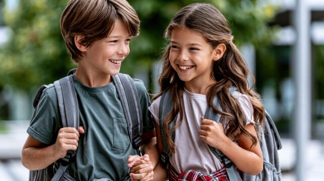 Children walking together holding hands and smiling after school in a sunny outdoor setting