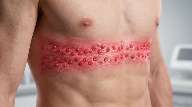 Close Up Of Human Torso With Severe Red Dermatomal Shingles Rash Infection On Chest For Herpes Zoster Medical Condition Concepts