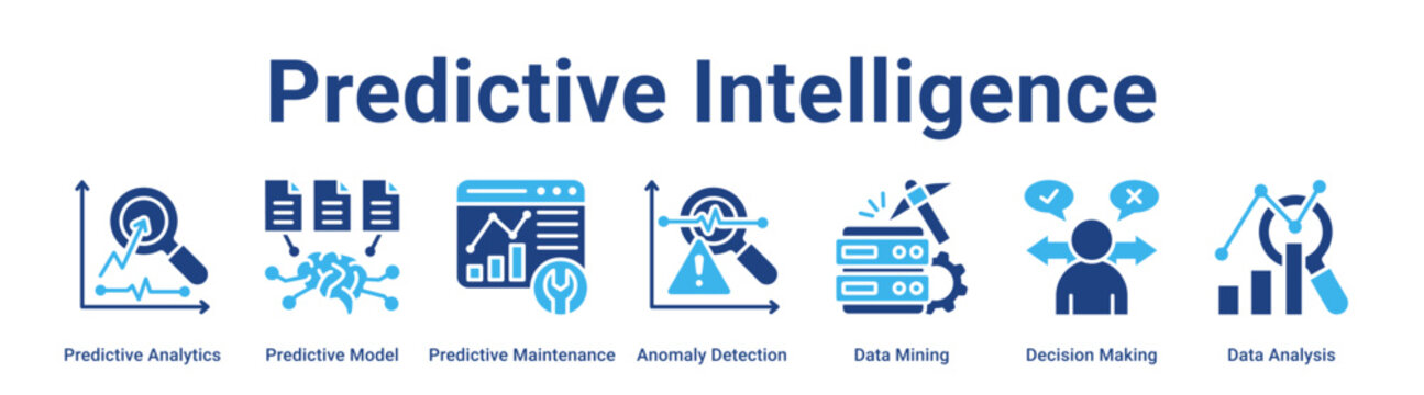 Predictive Intelligence web banner icon vector illustration concept for technology with icon of Predictive Analytics, Predictive Model, Predictive Maintenance, Anomaly Detection, Data Mining,.