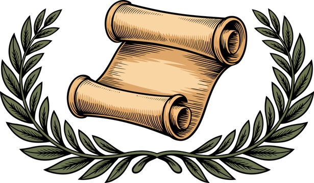 Vintage of a rolled parchment scroll with green laurel leaves on white engraving