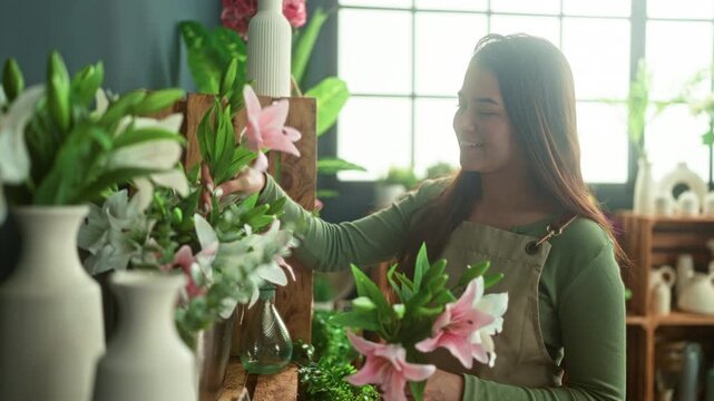 Young woman florist arranging pink and white lilies, smiling while holding stems at a floral studio; gentle care serenity.