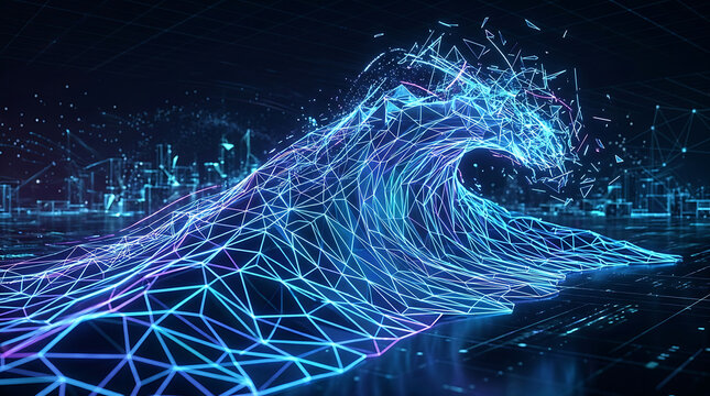 Digital data ocean wave constructed from glowing connected nodes with technology