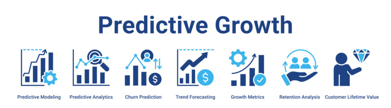 Predictive Growth web banner icon vector illustration concept for business with icon of Predictive Modeling, Predictive Analytics, Churn Prediction, Trend Forecasting, Growth Metrics, Retention.