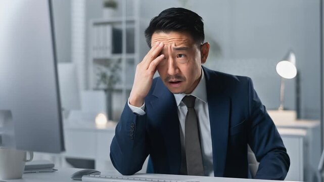 PC作業で頭を抱えるストレスを抱えた日本人ビジネスマン
