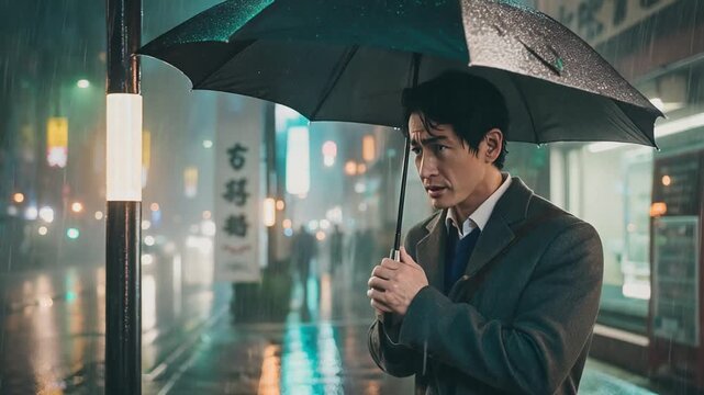 雨の夜の街角で傘をさして立ち尽くす困惑した表情の30代男性