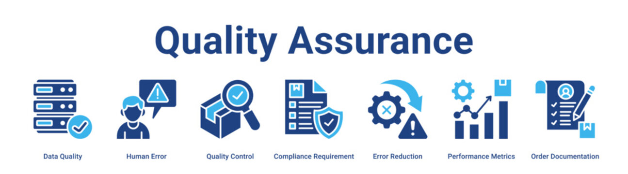 Quality Assurance web banner icon vector illustration concept for business with icon of Data Quality, Human Error, Quality Control, Compliance Requirement, Error Reduction, Performance Metrics, Order.