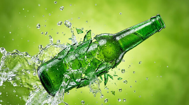 Cinematic Energetic Shattered Green Glass Bottle with Water Splash