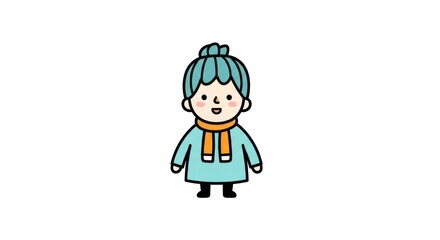Cartoon child in winter clothing smiling.