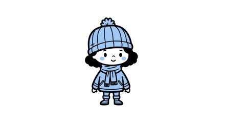 Cartoon girl in winter clothing standing.