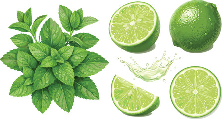Fresh lime fruit with green mint leaves vector illustration, juicy citrus splash mojito elements. © RENYRANI
