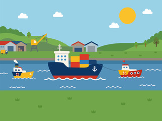 Fototapeta premium Colorful Cargo Ship and Tugboats Flat Vector Illustration for Logistics and Kids Education