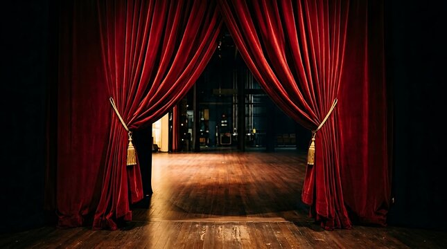 Red velvet stage curtains pulled back revealing a dark, empty theatre stage with wooden floor