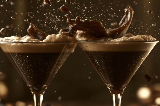 Two glasses of espresso martinis touch in cheers while coffee foam splashes, setting a luxurious and celebratory mood during a nighttime event.