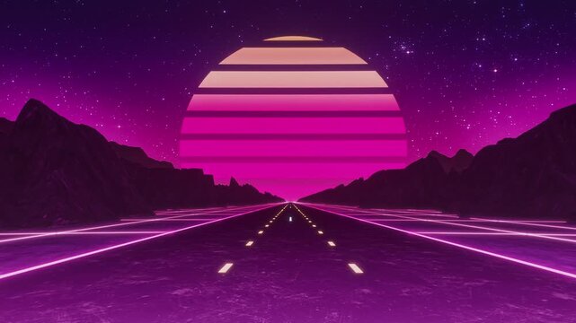 Neon Highway Synthwave Futuristic Road Loop - Retro Outrun Mountains Landscape Motion Background Wallpaper 4K