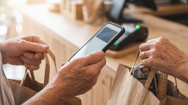 Payment Shopping School Prep concept. Senior using smartphone for contactless payment while holding shopping bags