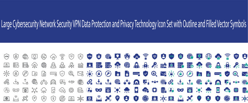 UI UX Cybersecurity Network Security IP Data Protection and Privacy Technology Icon Set with Outline Filled and Colored Variations