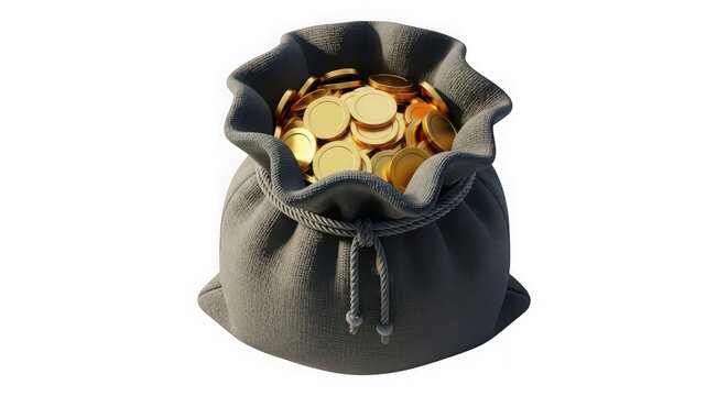 Black sack filled with shiny gold coins representing wealth and financial success
