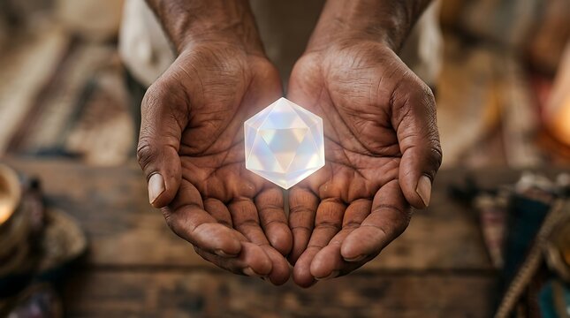 Dark skin person holding glowing geometric crystal shape between open palms while over worn wooden surface area hands wood.