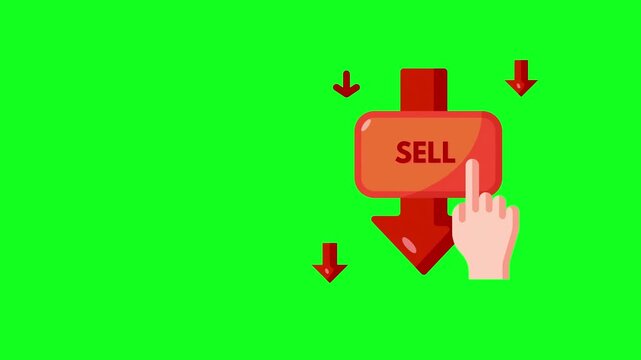 Clicking red sell button with finger vector illustration on chroma key green screen, trading and stock market investment concept.