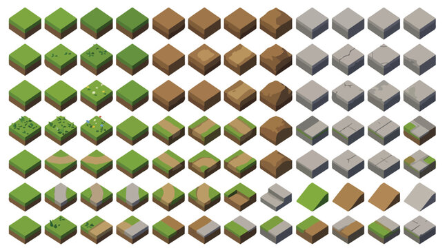 Isometric 3D game tileset, 77 landscape map elements for world building, green grass and brown dirt ground blocks, stone and rock terrain textures
