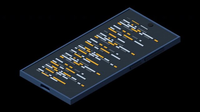 3D isometric smartphone animation. Program code on smartphone screen. Isometric technology. Transparent background with alpha channel