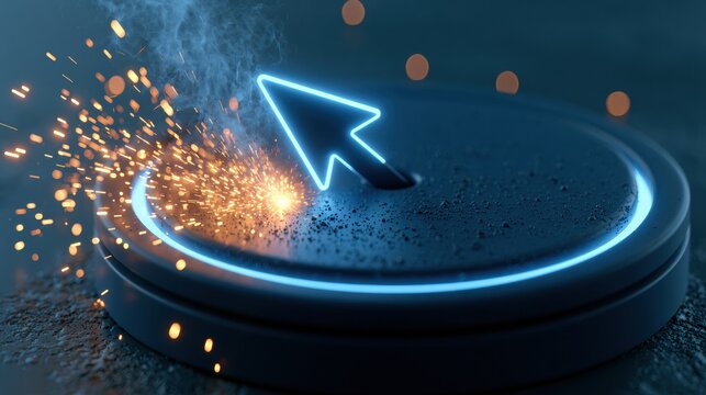 A neon blue cursor arrow makes contact with a large sale button in a dark environment, creating sparks that highlight the action.
