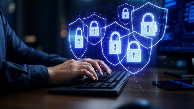 Person typing on keyboard with digital cybersecurity lock icons representing data protection and online security