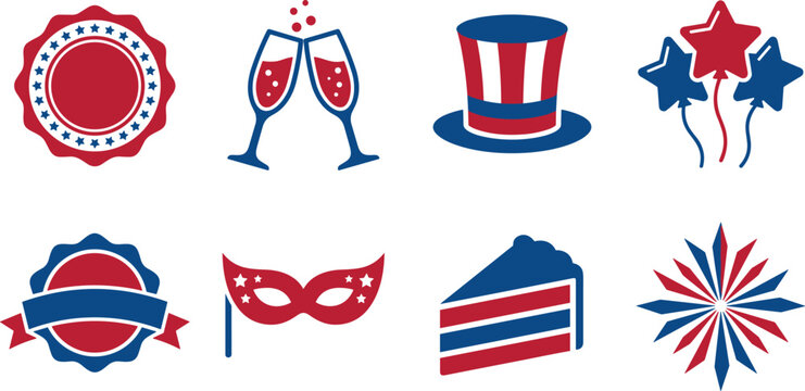 Set of Patriotic Icons Featuring Badges, Champagne Glasses, Top Hat, Star Balloons, Masquerade Mask, Layer Cake, and Abstract Star Burst Design