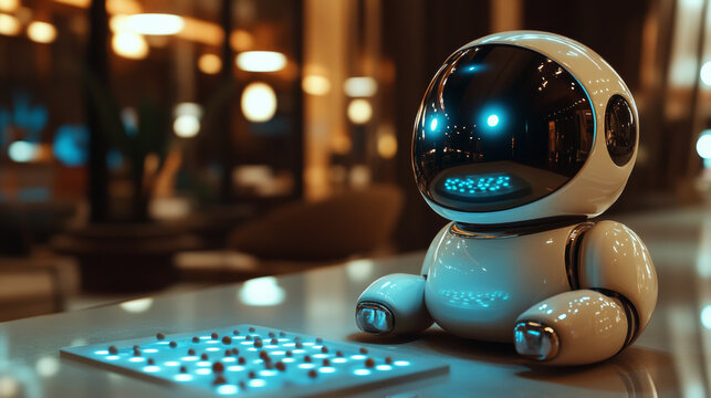 Cute white smart robot playing a board game on a glowing tabletop