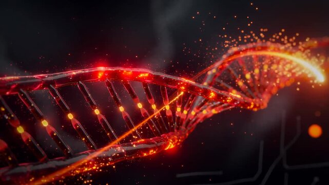 Glowing red DNA strand with bright particles representing genetic code and molecular biology concept