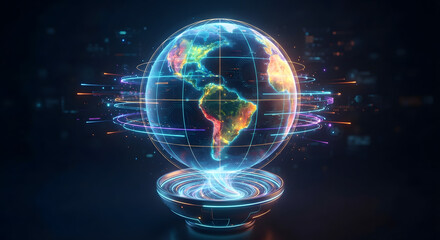 Fototapeta premium Glowing digital globe hologram showing colorful heat map continents and neon network lines.
