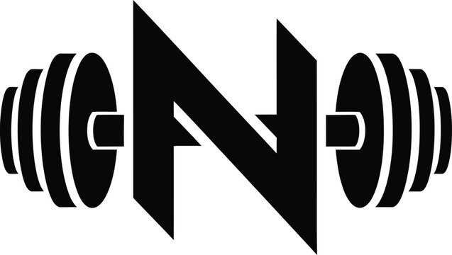 Letter N logo with dumbbell weights on both sides fitness symbol