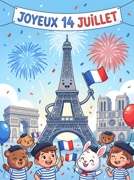 Celebrating Bastille Day in France with Fireworks Eiffel Tower and Joyful Children