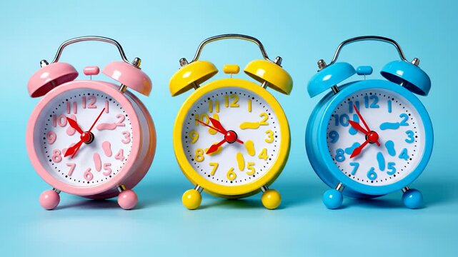 Three colorful alarm clocks on blue background.