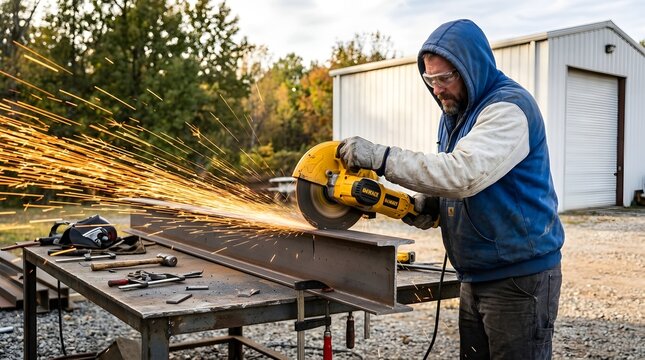 Honoring labour day skilled tradesman cutting metal with angle grinder industrial workshop scene