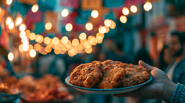 Llapingachos Ecuadorian fried potato patties on plate held by hand at festive street food market, warm string lights bokeh in evening, traditional Ecuador cuisine