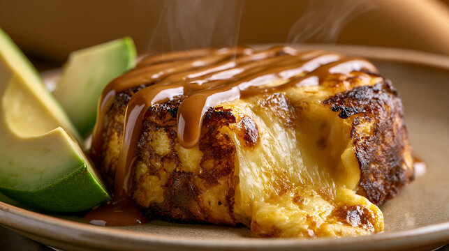 Traditional Ecuadorian Llapingachos Potato Pancakes with Melted Cheese, Peanut Sauce and Avocado