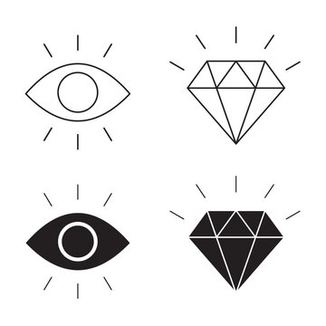 Shiny eye and diamond icons set representing vision and luxury values.Editable stroke, Vector illustration, Line art Icon, Symbols.
