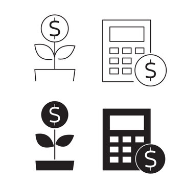 Financial growth and accounting icons featuring money plant and calculator.Editable stroke, Vector illustration, Line art Icon, Symbols.