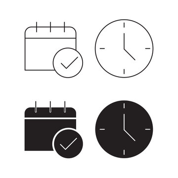 Time management icons set with calendar checkmark and clock.Editable stroke, Vector illustration, Line art Icon, Symbols.