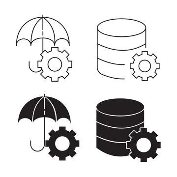 Data protection and system management icons featuring database umbrella and gear.Editable stroke, Vector illustration, Line art Icon, Symbols.