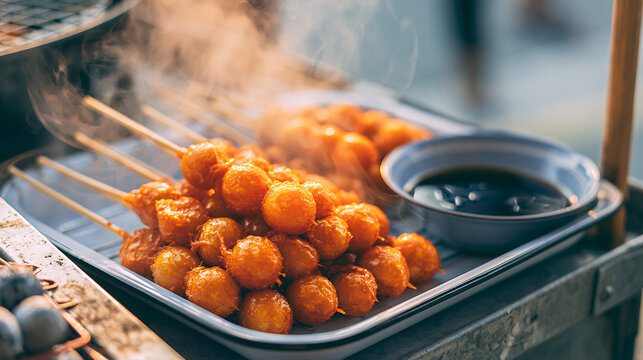 Kwek kwek Filipino fried quail eggs in orange batter on bamboo skewers with steam rising, served on tray with dark dipping sauce at street food stall in Philippines