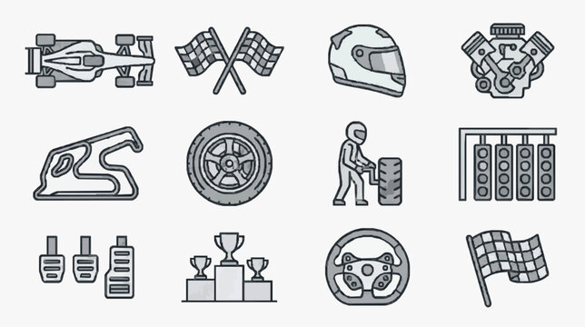 Modern Monochrome Racing and Car Maintenance Icon Set Featuring Checkered Flags Helmets Engines Tools Tires Podiums