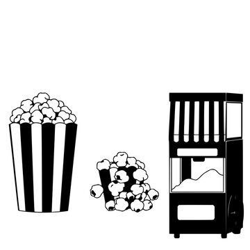 Popcorn set with four clean-lined black and white illustrations featuring popcorn buckets, single kernels, machine, and striped awning with flat design and minimalist style