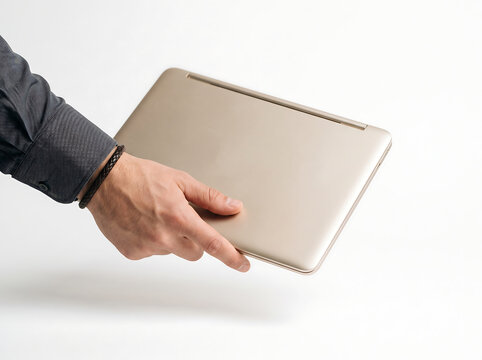 Close-up minimalist product shot of a modern laptop in champagne gold held by a masculine hand entering from the left on pure white background