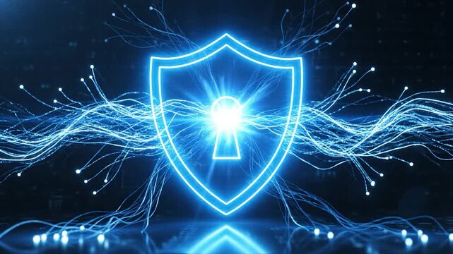 Glowing blue shield with keyhole and digital energy wings on dark tech background