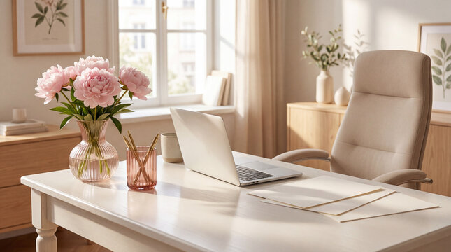 Elegant home office workspace with laptop and fresh pink peony flowers.