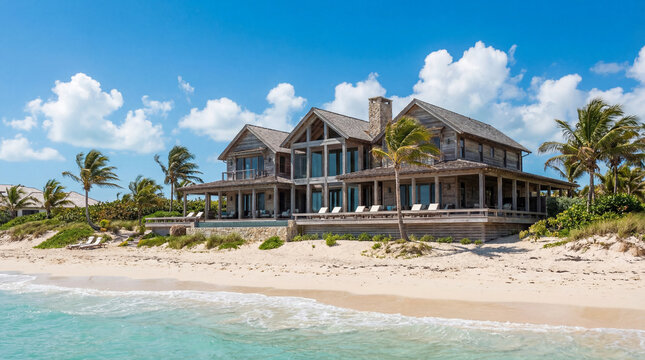 Luxurious oceanfront mansion on a sandy beach.